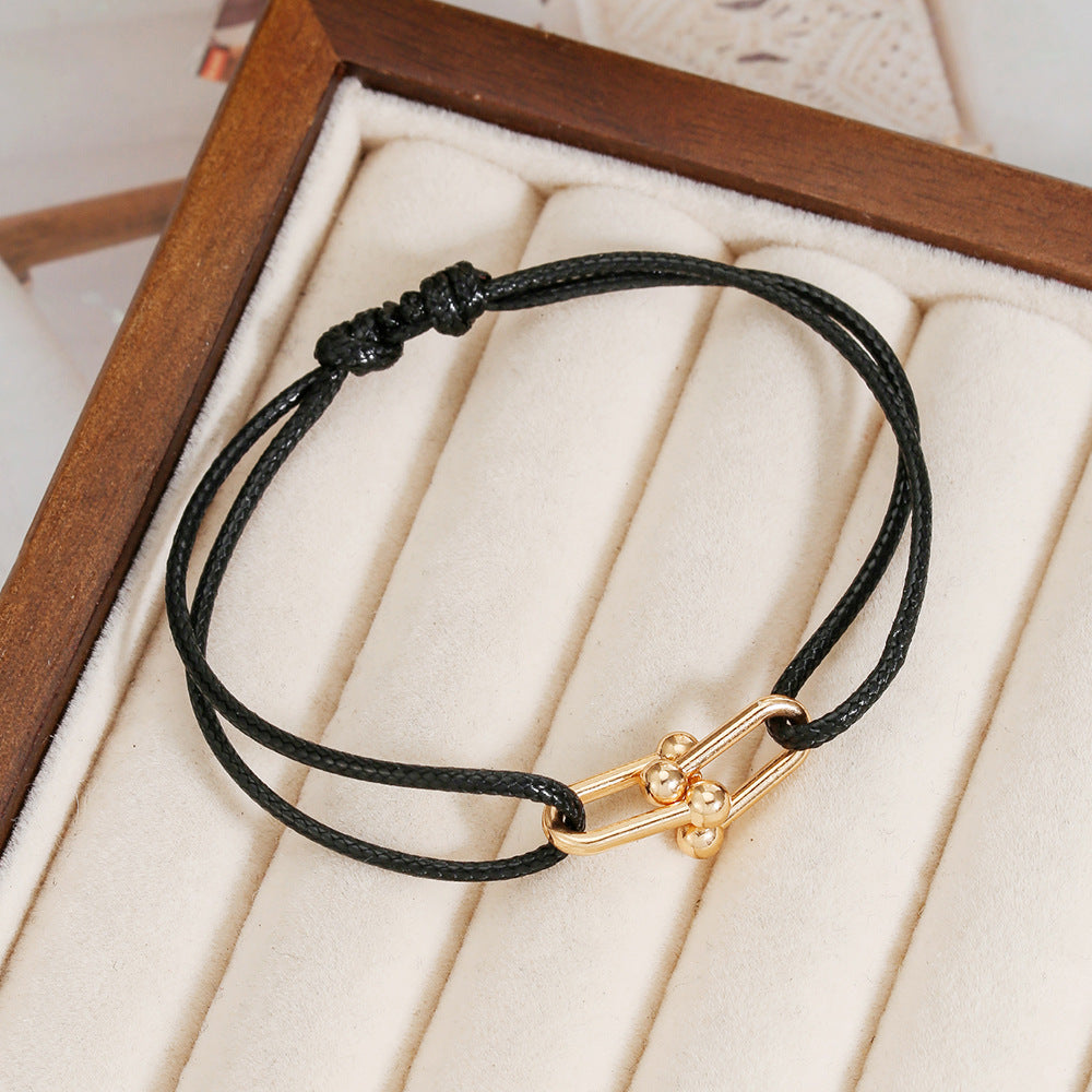 Sweet Handmade Braided Leather Bracelet with Alloy Horseshoe Clasp for Unisex