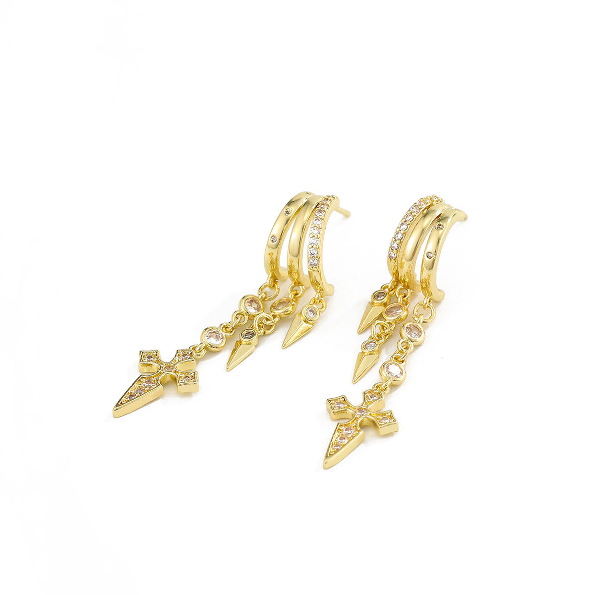 Hip-hop Punk Cross Cubic Zirconia Inlay Plated Brass Earrings for Women