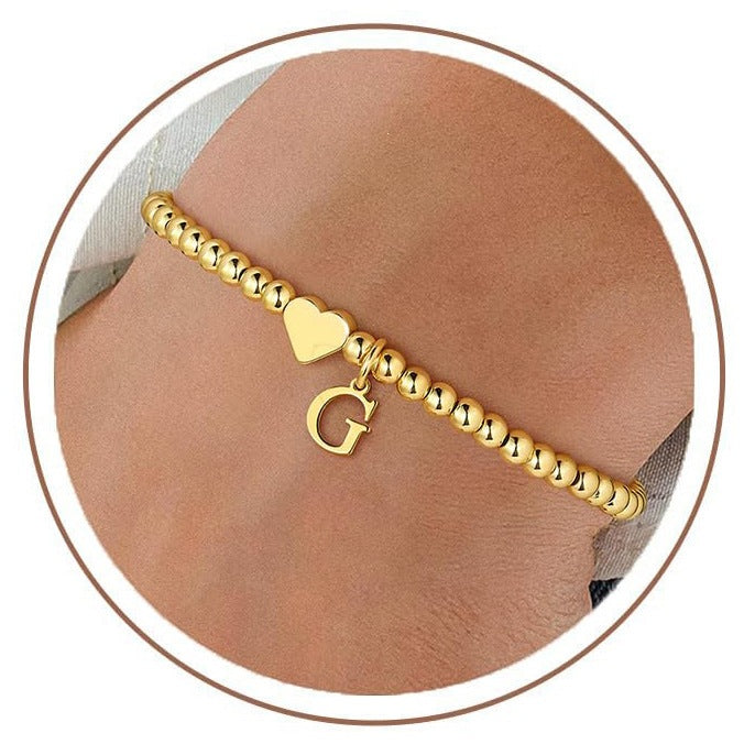 Gold Plated Stainless Steel Heart Letter Charm Bracelet for Women