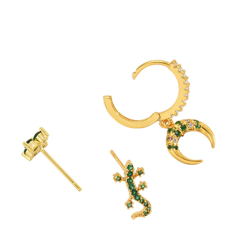 Pendientes de Cobre con Forma de Luna Creciente y Gecko, Engastados con Zirconia, para Mujer, con Postes de Acero Inoxidable