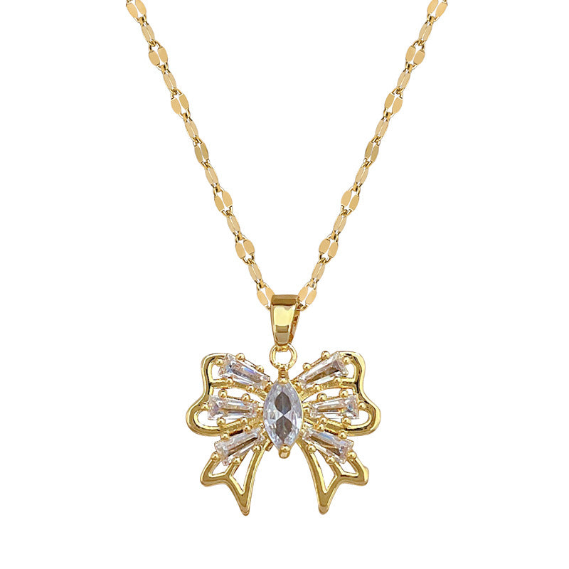 Luxury Hollow-Out Butterfly Pendant Necklace for Women Stainless Steel Delicate Locket Chain with Rhinestone Inlay