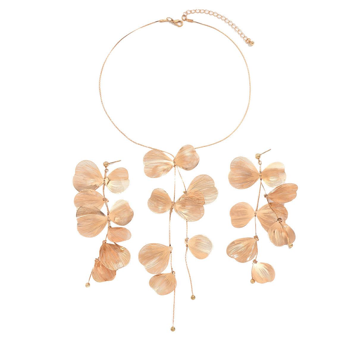 Conjunto de pendientes y collar de estilo floral para mujer con colgante de cobre, acabado chapado, diseño de borlas, patrón de flores botánicas