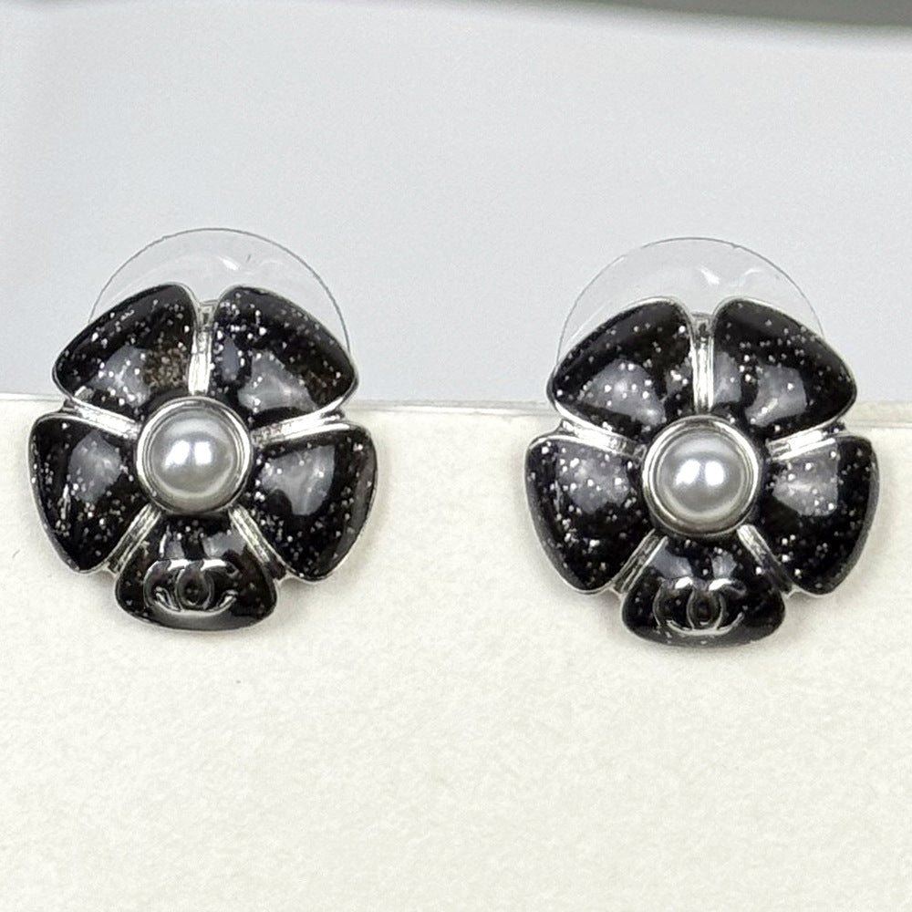 Vintage Elegant Gold Plated Brass Enamel Camellia Flower Earrings with 925 Sterling Silver Posts