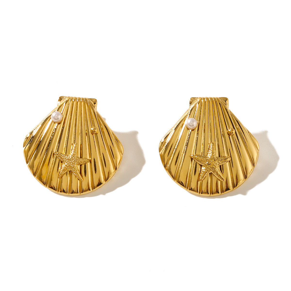 Orecchini estivi minimalisti a ventaglio in acciaio inossidabile con placcatura in oro 18 carati, intarsi in perle e conchiglie, design geometrico