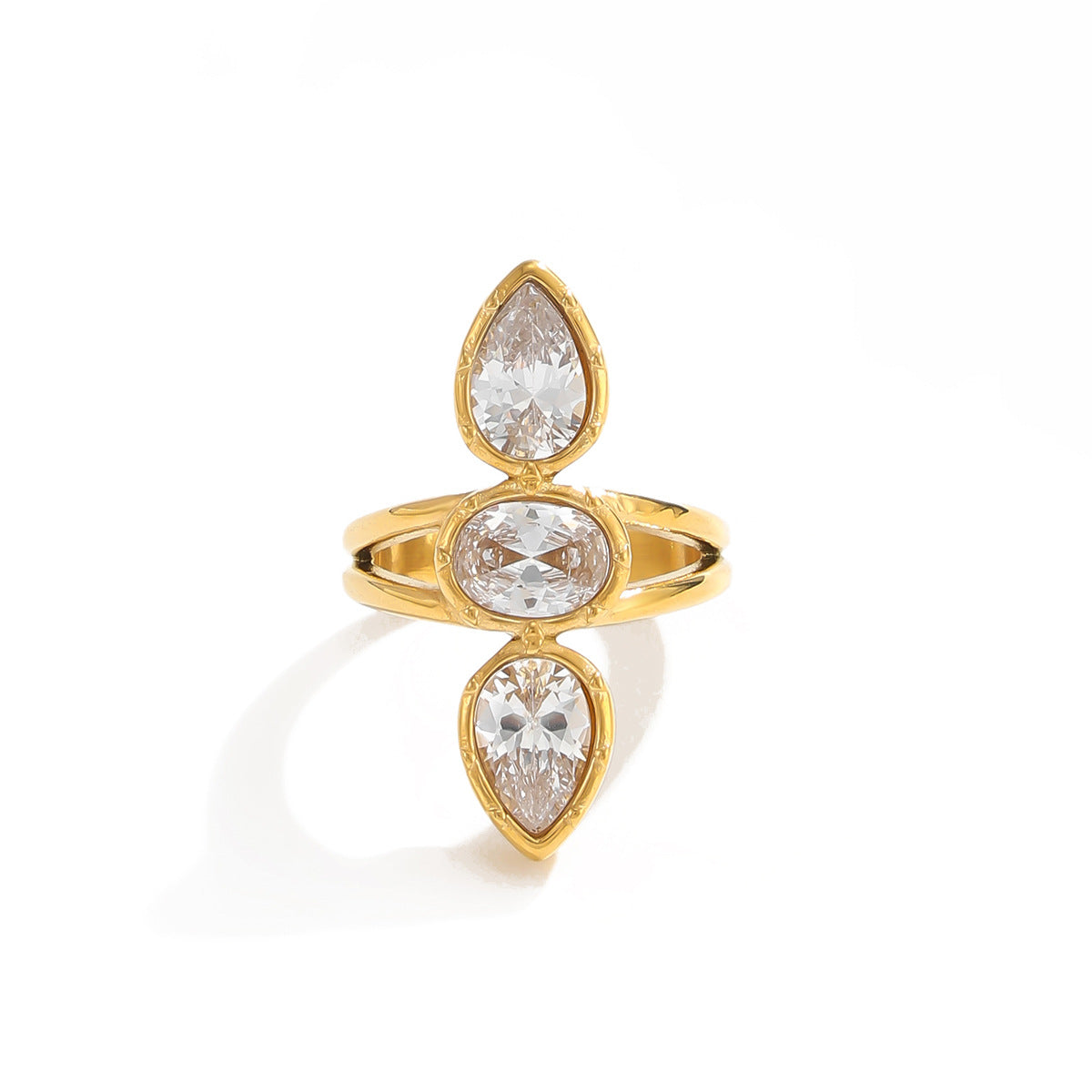 Luxury Geometric Oval Teardrop 18K Gold Plated Stainless Steel Ring with Cubic Zirconia for Women