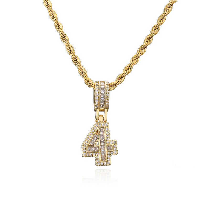 Hip-hop Punk Minimalist Gold Plated Brass Number Cubic Zirconia Pendant Necklace with Rope Chain for Men