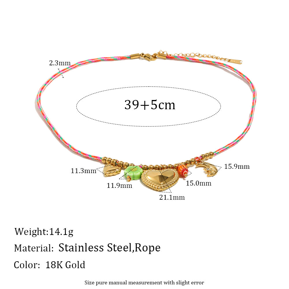 Luxury Geometric Heart Pendant Necklace in Stainless Steel with 18K Gold Plating and Beaded Rope Chain for Women