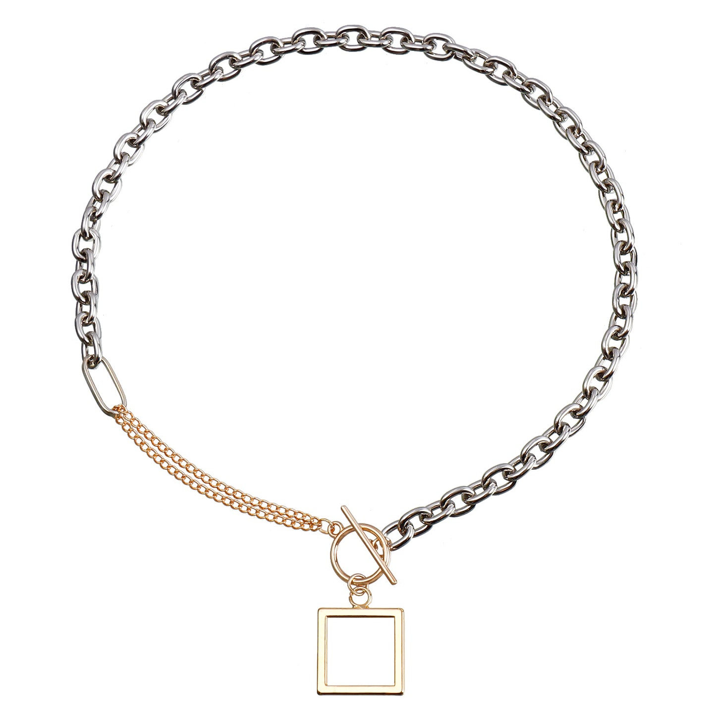 Geometric Square Pendant Necklace for Women Alloy Chain with Hollow Design and Electroplated Finish