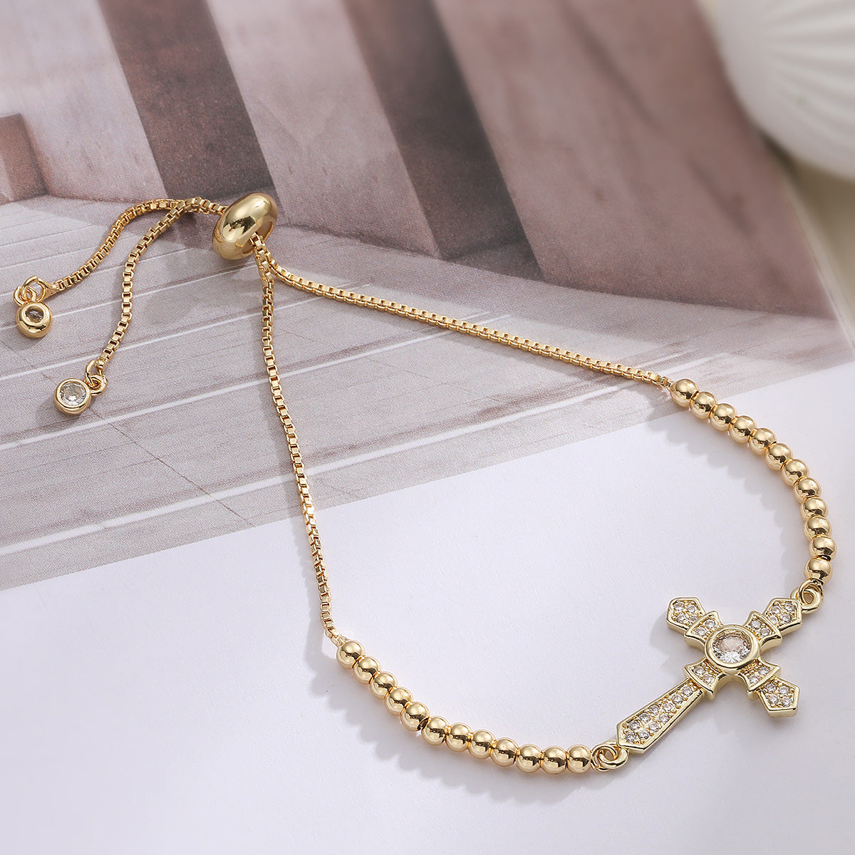 Gold Plated Brass Cross Bracelet with Cubic Zirconia for Women