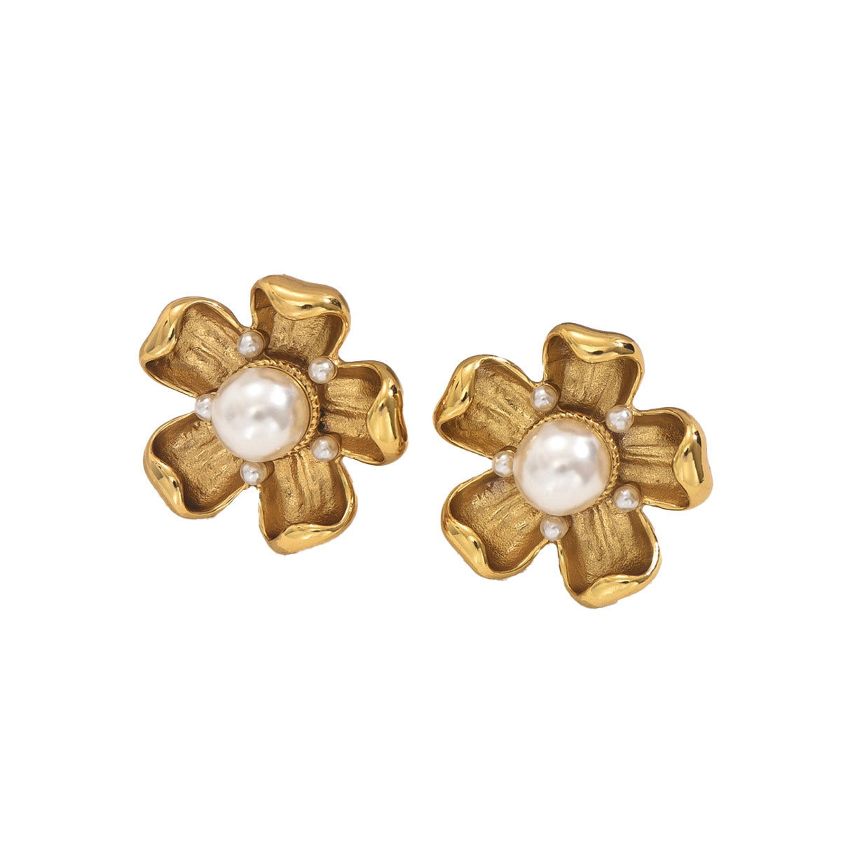 Vintage Floral Design Zinc Alloy Stud Earrings with Pearl Inlay for Women