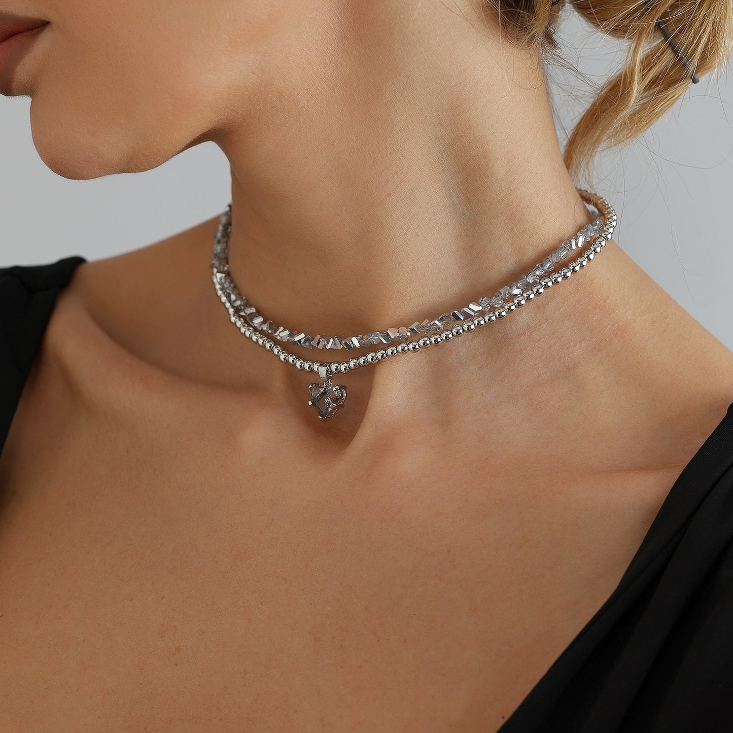 Casual Irregular Crushed Ice Beaded Heart Geometric Alloy Plated Double Layer Necklace for Women