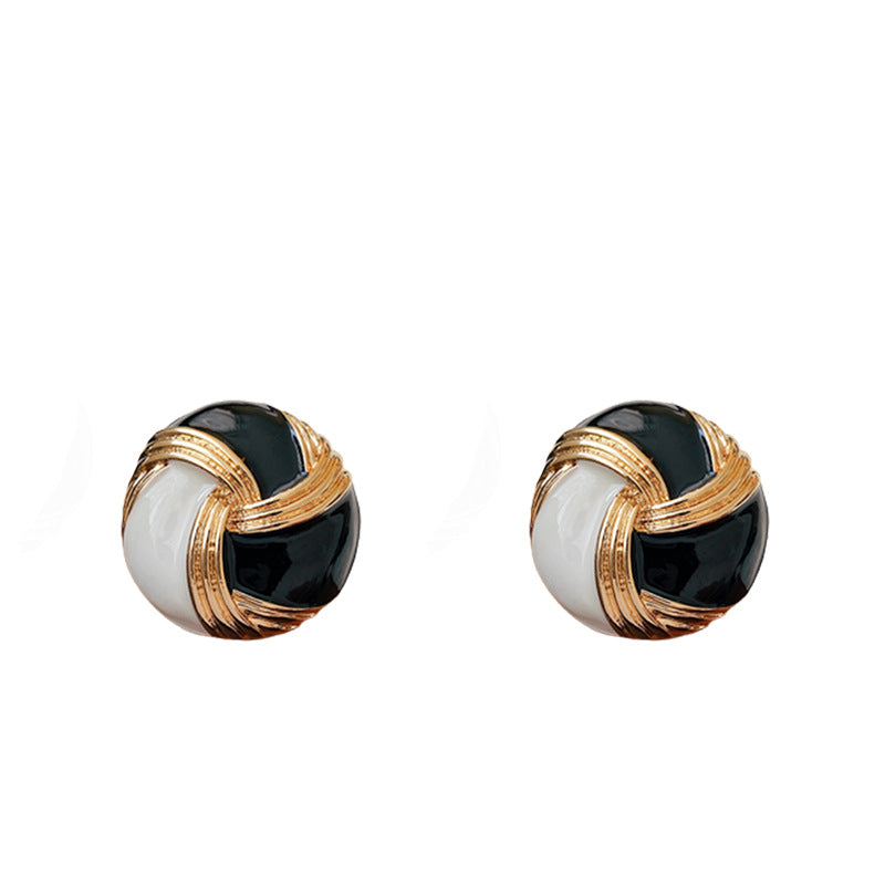 Pendientes de botón redondos geométricos vintage en blanco y negro, de aleación con acabado chapado para mujer