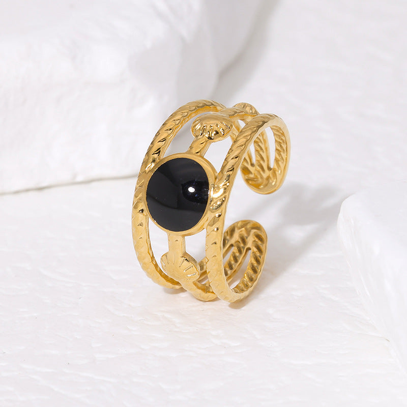 Vintage French-Style Titanium Steel Open Ring with Geometric Shape and Enamel Finish 18K Gold Plated Minimalist Women's Fashion Ring