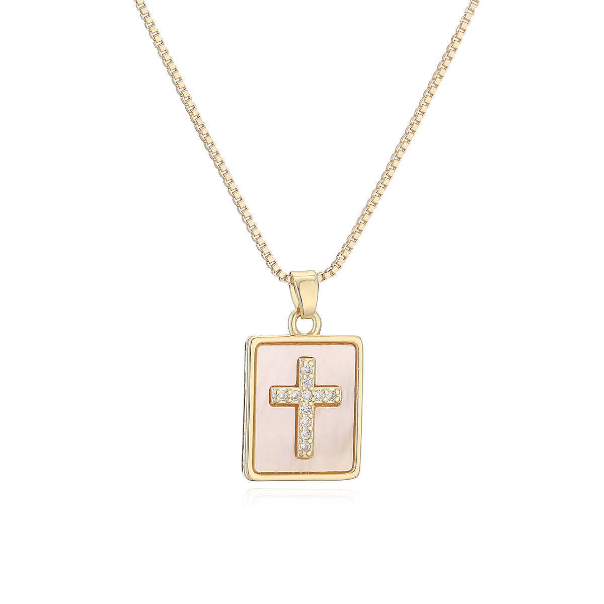 Minimalist 18K Gold Plated Brass Heart Cross Square Cubic Zirconia Pendant Necklace for Women