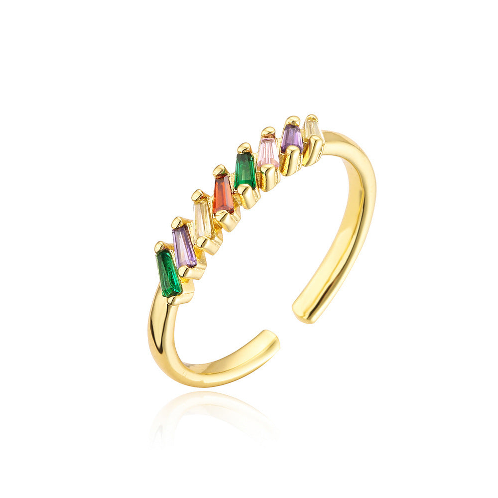 Minimalist 18K Gold Plated Geometric Square Brass Ring with Cubic Zirconia Inlay for Women