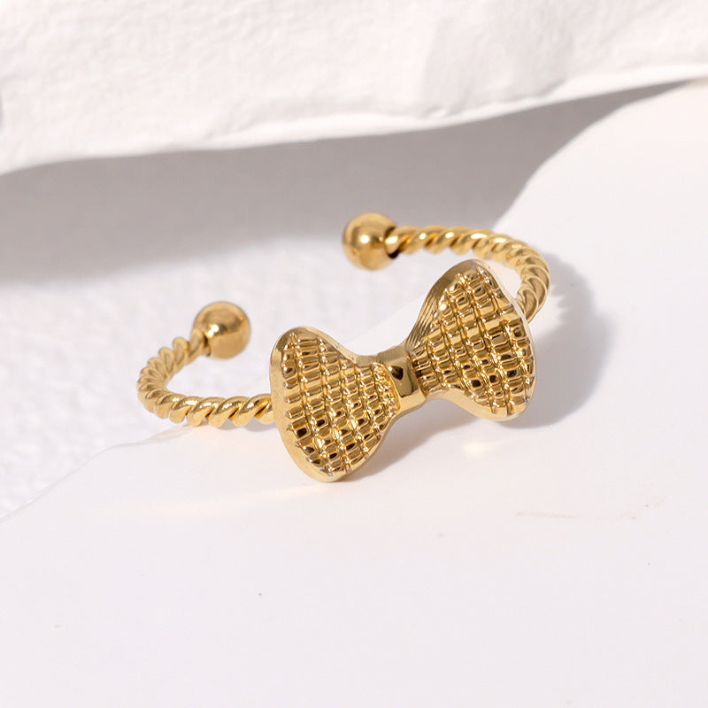 Sweet Minimalist Gold Plated Stainless Steel Bow Ring for Women