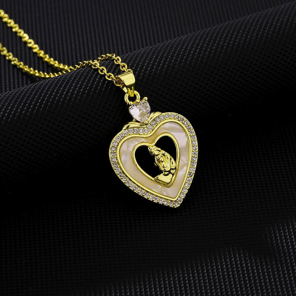 Elegante collana in acciaio inossidabile a forma di cuore con intarsio di zirconi per donna, gioiello con pendente e catena a O