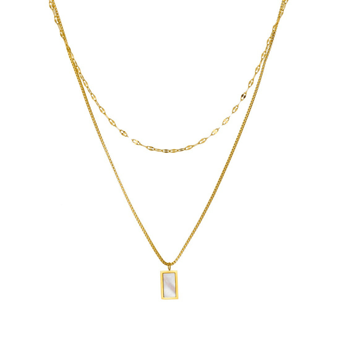 Minimalist Elegant Gold Plated Stainless Steel Double Layer Square Pendant Necklace for Women