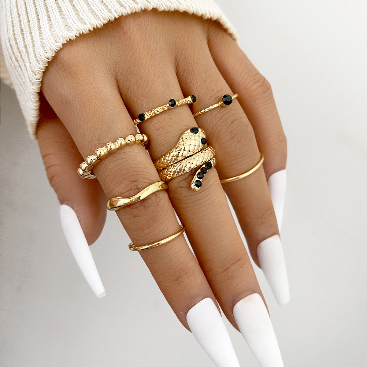 Vintage Punk Geometric Snake Ring Set with Black Rhinestones Alloy Plated 7-Piece Knuckle Rings