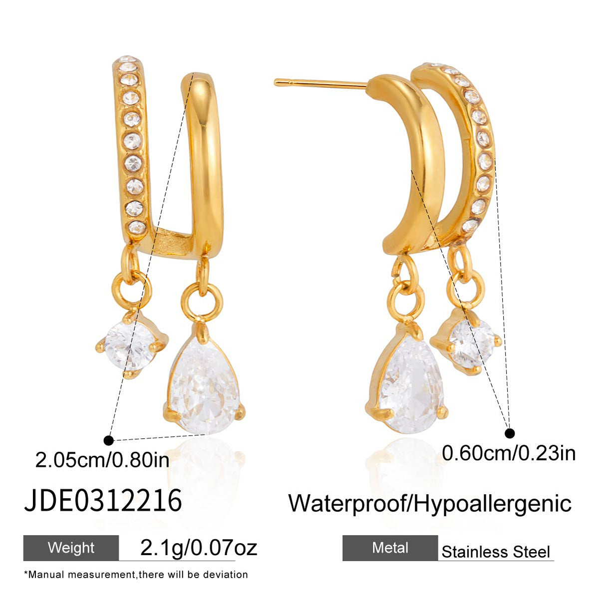 Elegant Teardrop Geometric Stainless Steel Cubic Zirconia Plated Ear Cuff Earrings for Women