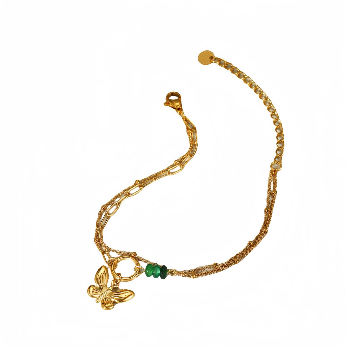 Pulsera de acero inoxidable con forma de mariposa, minimalista y a la moda, para mujer, con cuentas de piedra natural verde y acabado chapado