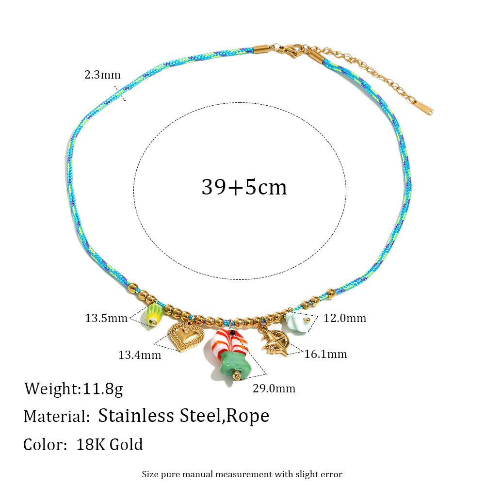 Collar de acero inoxidable geométrico chapado en oro de 18 quilates con dije de caramelo azul y cordón trenzado de colores para mujer