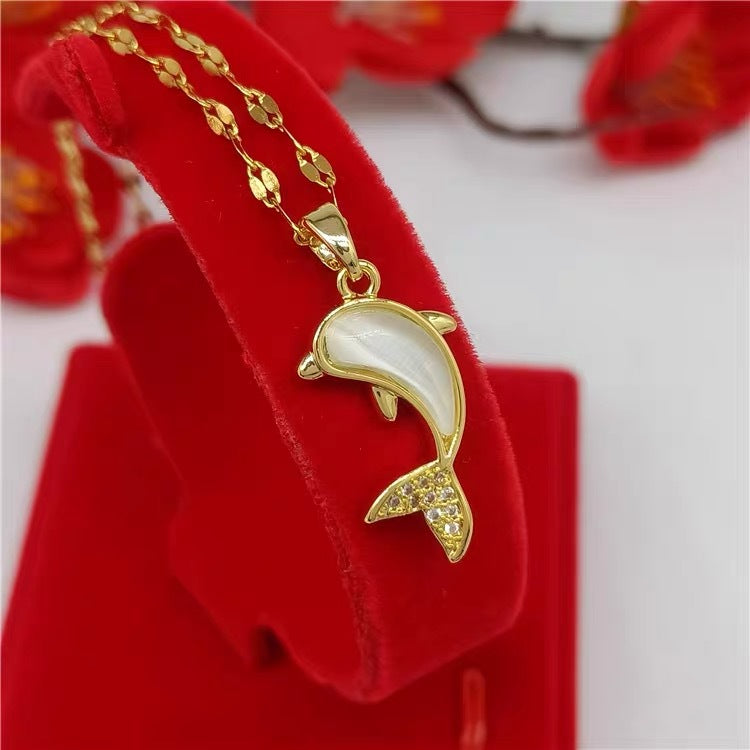 Collana Pendente Delfino Minimalista in Acciaio al Titanio con Ciondolo in Rame Placcato Oro su Catena a O per Donne e Uomini