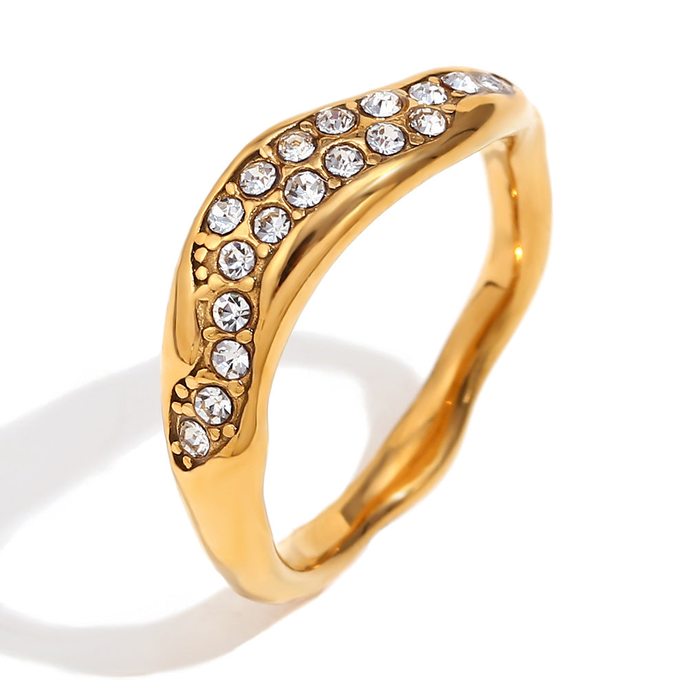 Minimalist Geometric Stainless Steel Ring with Micro-Pavé White Zirconia and 18K Gold Plating for Women