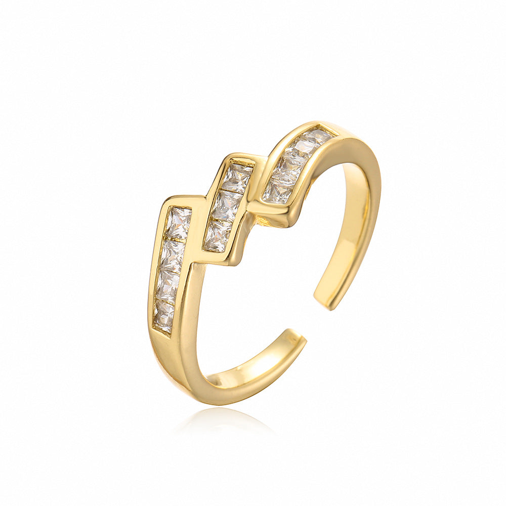 Geometric Open Ring for Women with Copper Base Plated in 18K Gold and Micro-Paved Zirconia