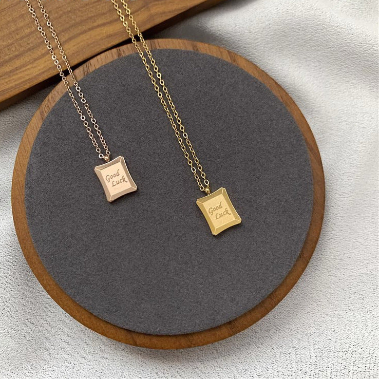 Minimalist Square Pendant Necklace with Engraved Good Luck Letter Charm in Titanium Steel for Women