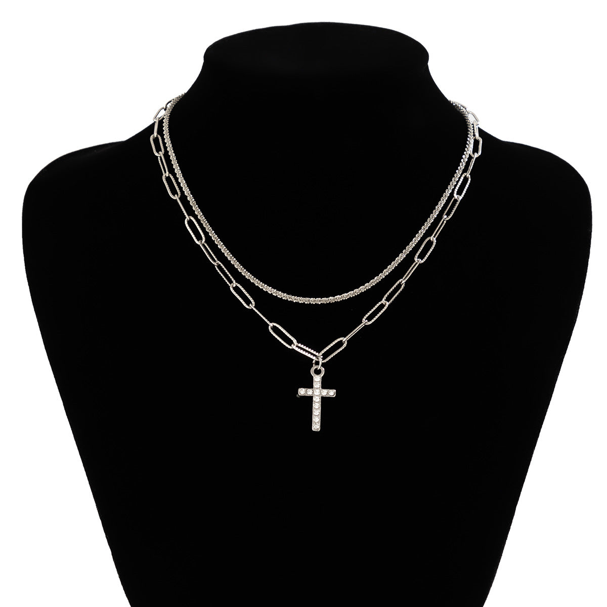 Collar Minimalista de Cruz Geométrica para Mujer con Incrustaciones de Pedrería y Cadena Doble