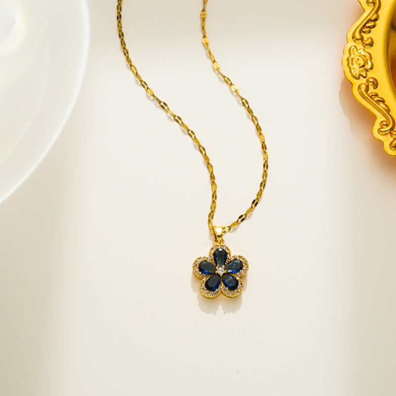 Minimalist Floral Zirconia Necklace for Women with Titanium Steel Pendant and Plated Snake Chain