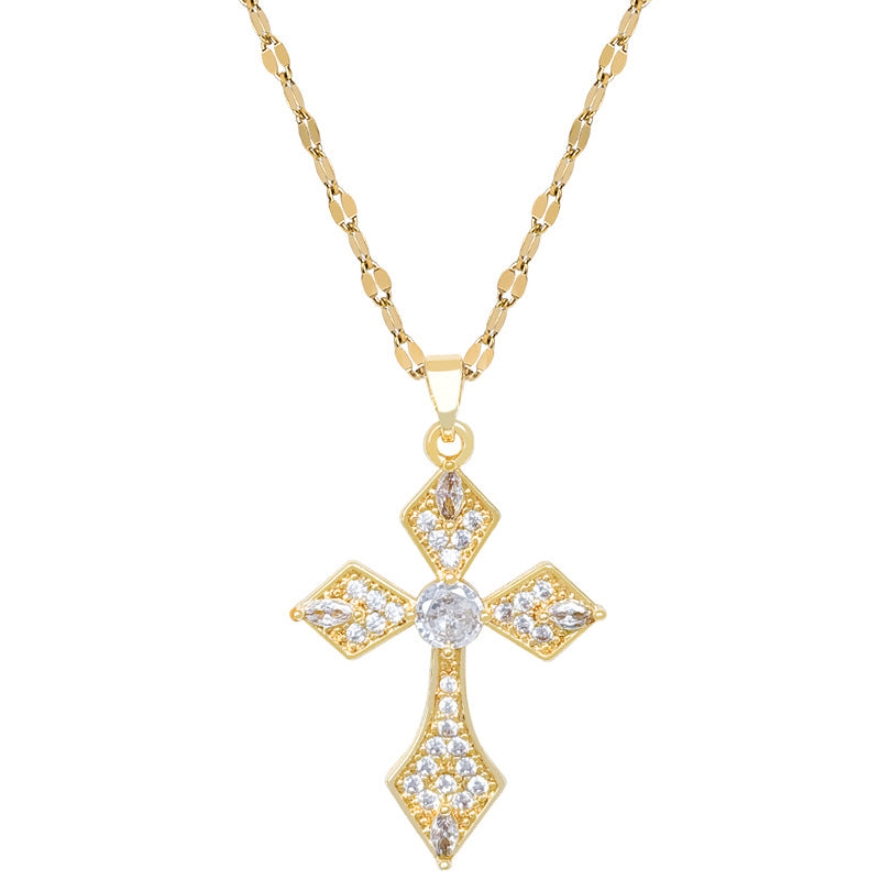 Sweet Full Rhinestone Cross Titanium Steel Necklace Curb Chain Unisex