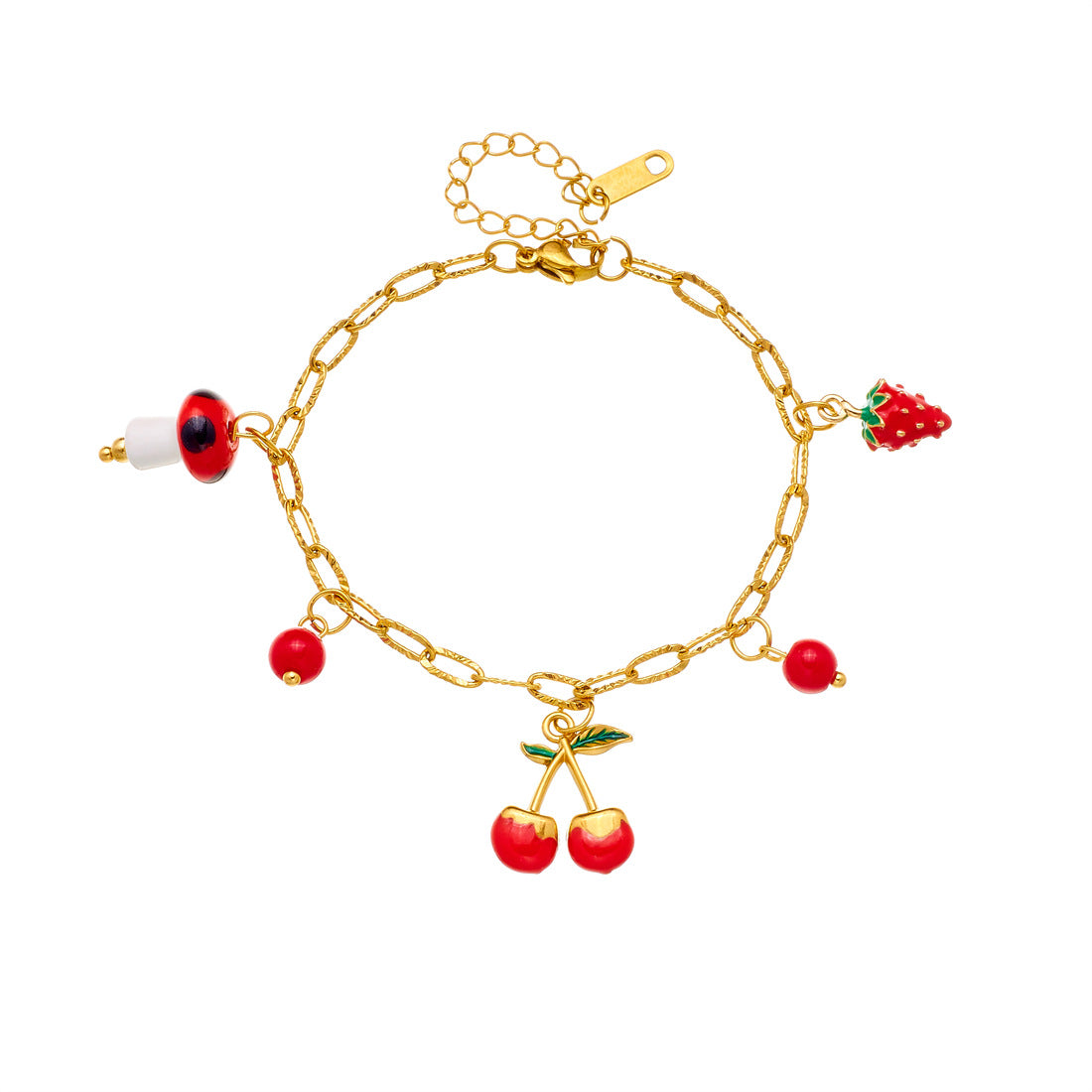 Sweet Gold Plated Drip Oil Cherry Strawberry Mushroom Pendant Bracelet