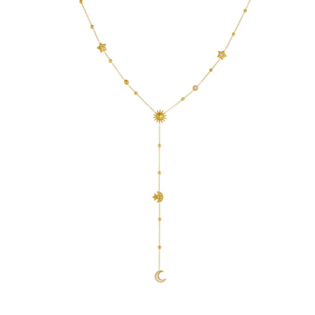 Minimalist Rhinestone Inlaid Stainless Steel Star Moon Sun Pendant Y-Chain Tassel Necklace for Women