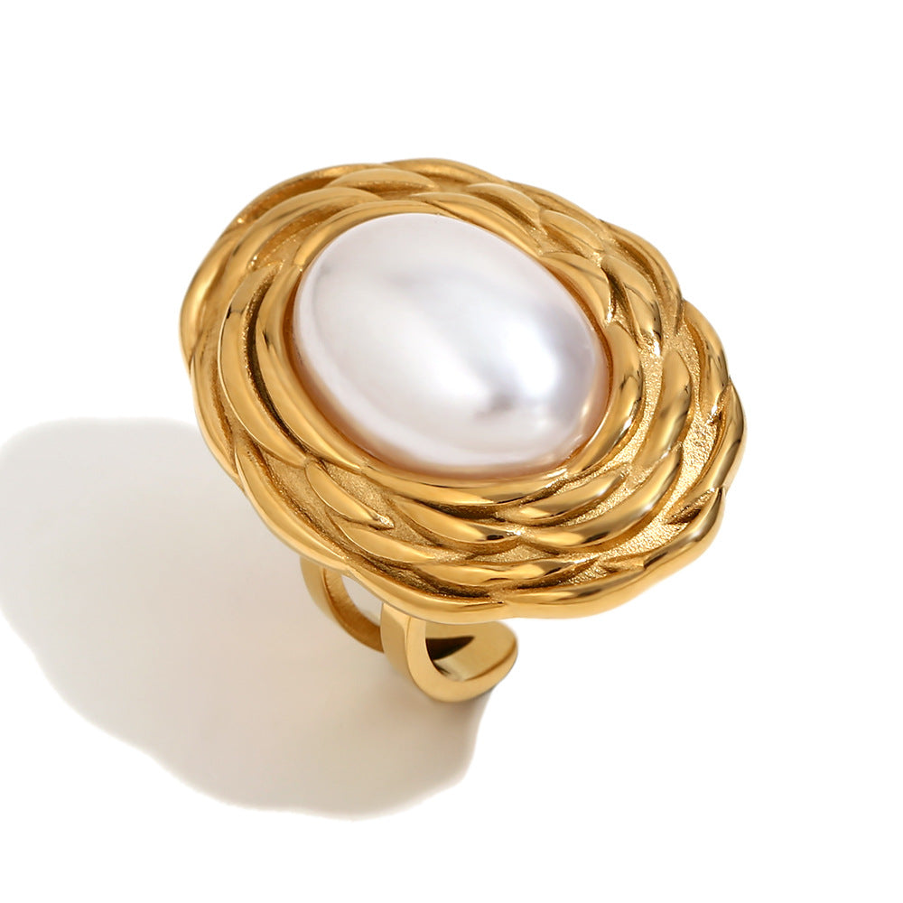 Anello da Donna Elegante in Acciaio Inossidabile d'Ispirazione Vintage, Placcato Oro 18K, con Motivo a Spiga e Forma Ovale