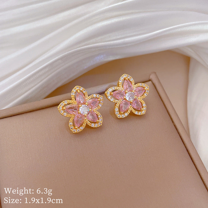 Sweet and Fresh Pink Five-Petal Flower Pendant Necklace in Titanium Steel with Rhinestone Inlay for Women