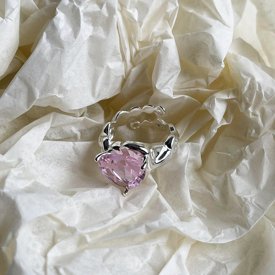 Minimalist Heart-Shaped 925 Sterling Silver Ring with Pink Cubic Zirconia Inlay for Women