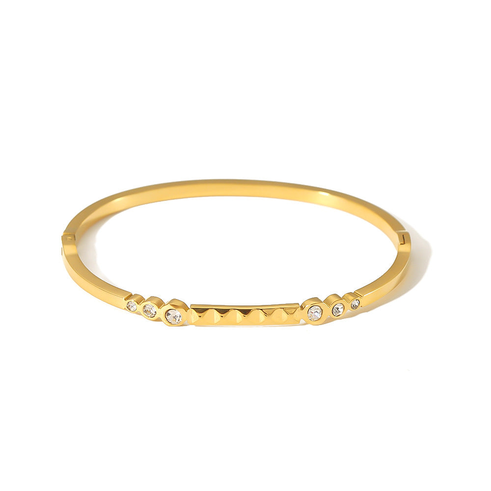 Bracciale da donna in acciaio inossidabile placcato oro 18 carati con motivo geometrico quadrato e circolare intarsiato di strass