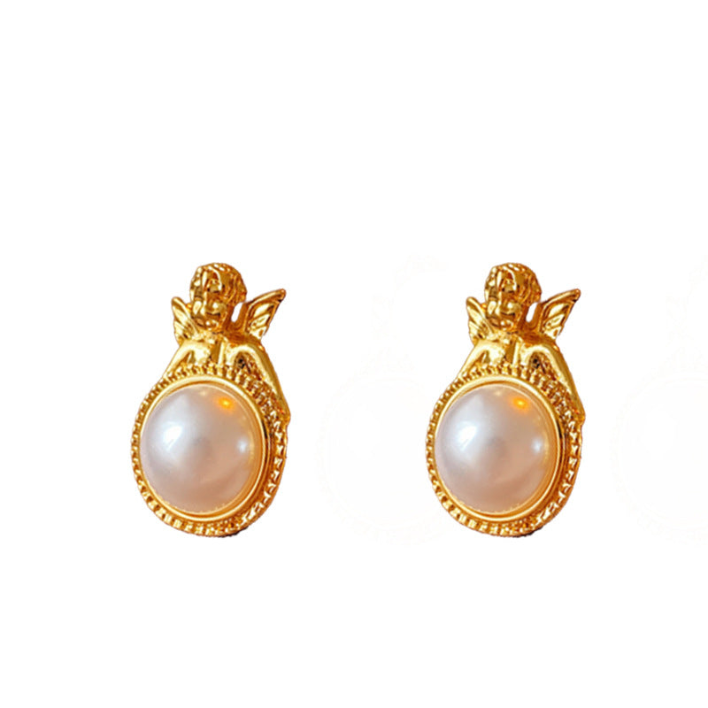 Vintage Angel Earrings for Women with Pearl Accents, Geometric Alloy Studs, Gold-Plated Stainless Steel Posts, Hypoallergenic and Fade-Resistant