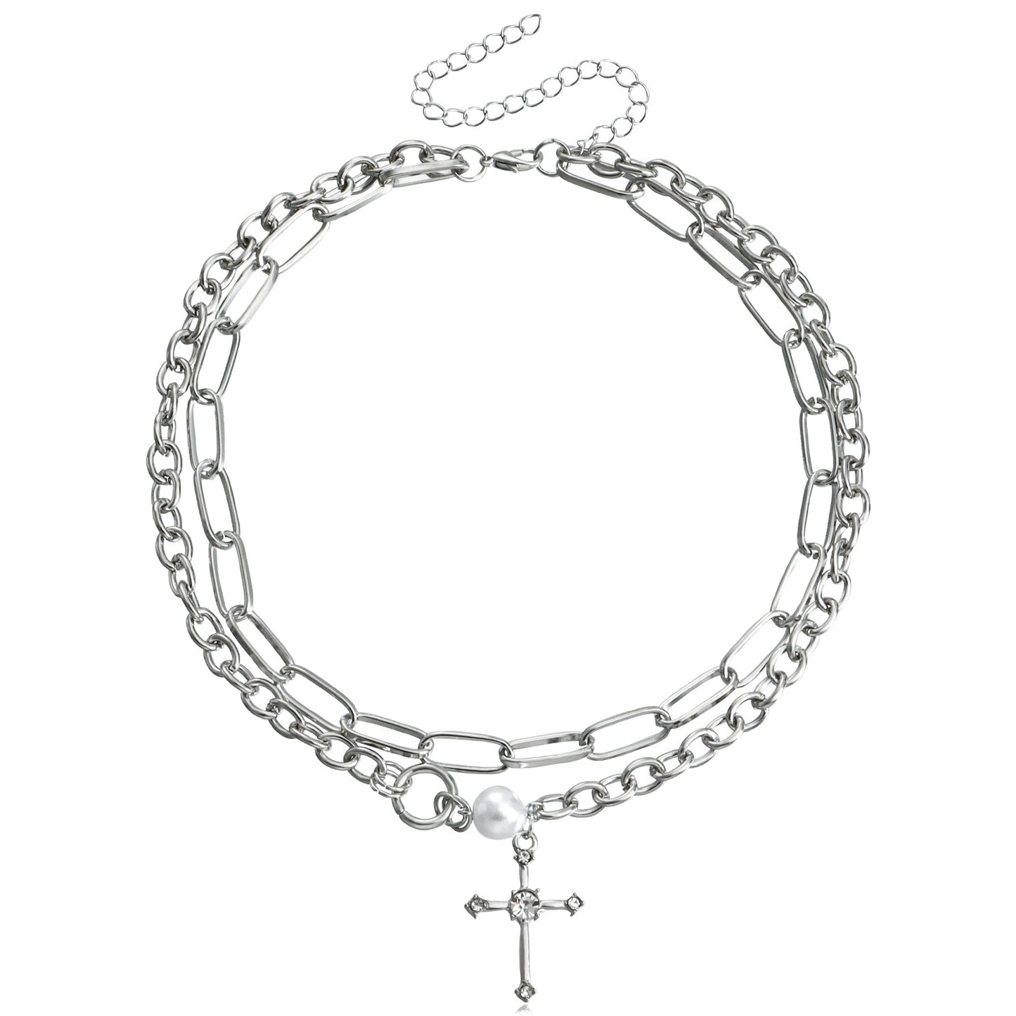 Minimalist Double-Layer Cross Pendant Necklace for Women with Rhinestone Inlay and Gold-Plated Alloy