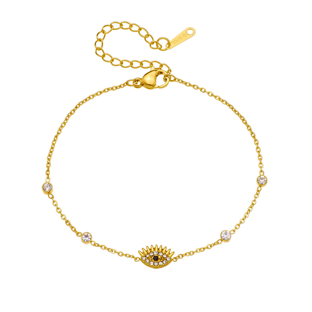 Minimalist Gold Plated Stainless Steel Evil Eye Rhinestone Bracelet for Women