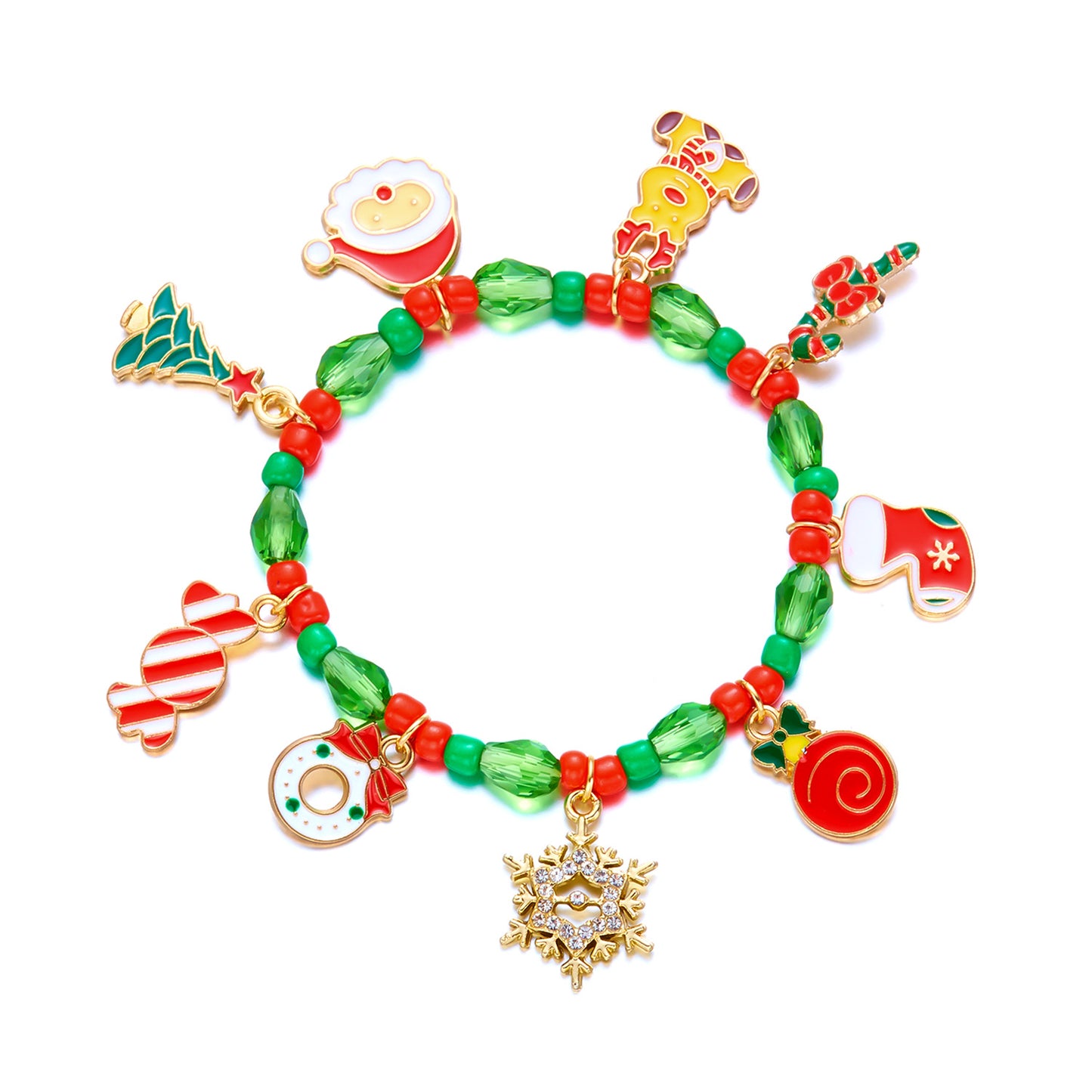 Bracciale con ciondolo a fiocco di neve, renna e bastone di Babbo Natale in lega fatta a mano, con cristalli, gioiello natalizio per donna