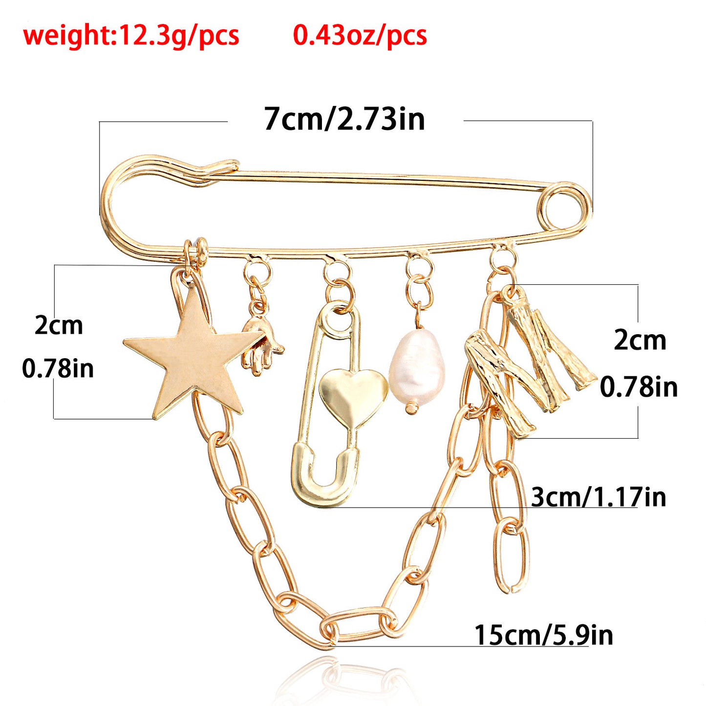 Geometric Star and Letter M Pendant Brooch with Tassel Detail in Alloy with Plated Finish for Women