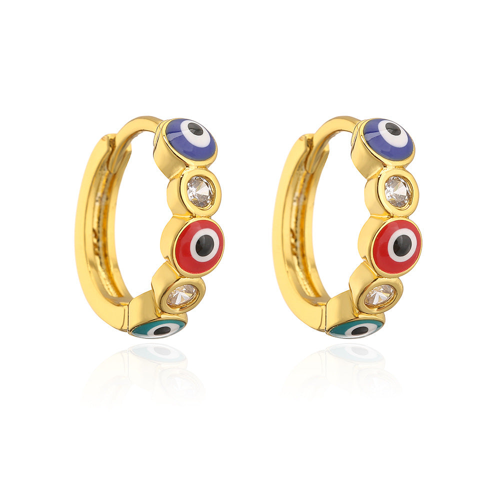 Orecchini Geometrici da Donna "Occhio di Demone" con Base in Rame Placcata Oro Vero, Micro-Zirconi e Finitura Smaltata