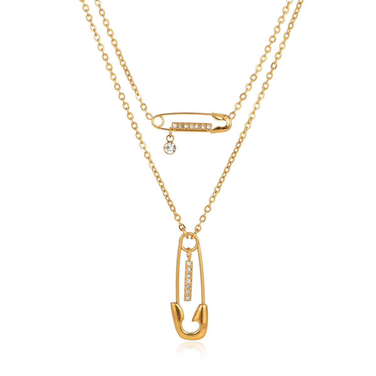 Collana da donna a doppio strato in acciaio inossidabile placcato PVD, con strass a spilla da balia geometrica minimalista