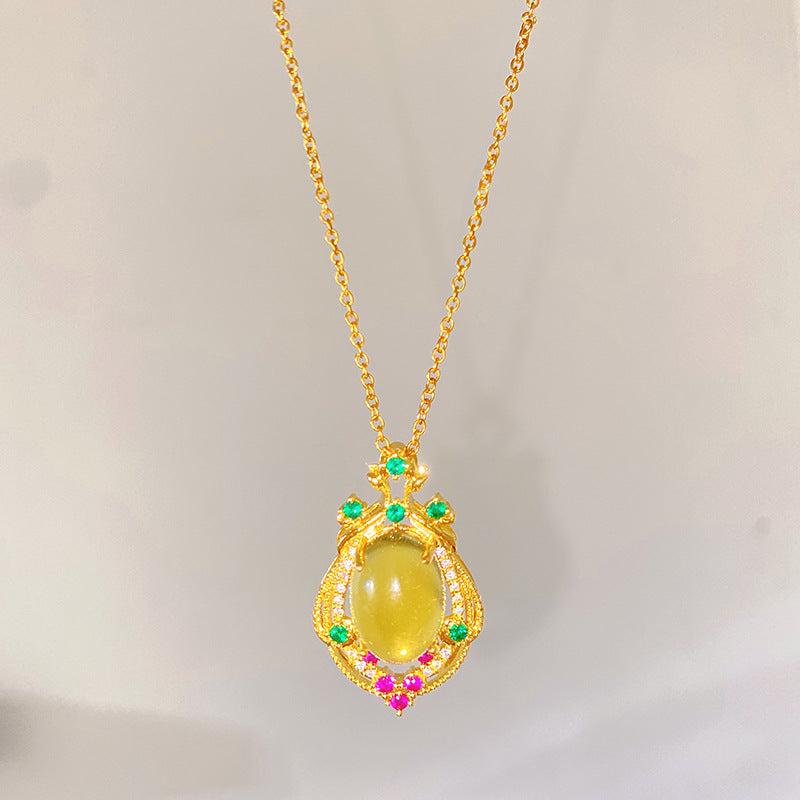 Vintage Sweet Geometric Heart Cubic Zirconia Gemstone Plated Titanium Steel Necklace with Brass Pendant Cable Chain
