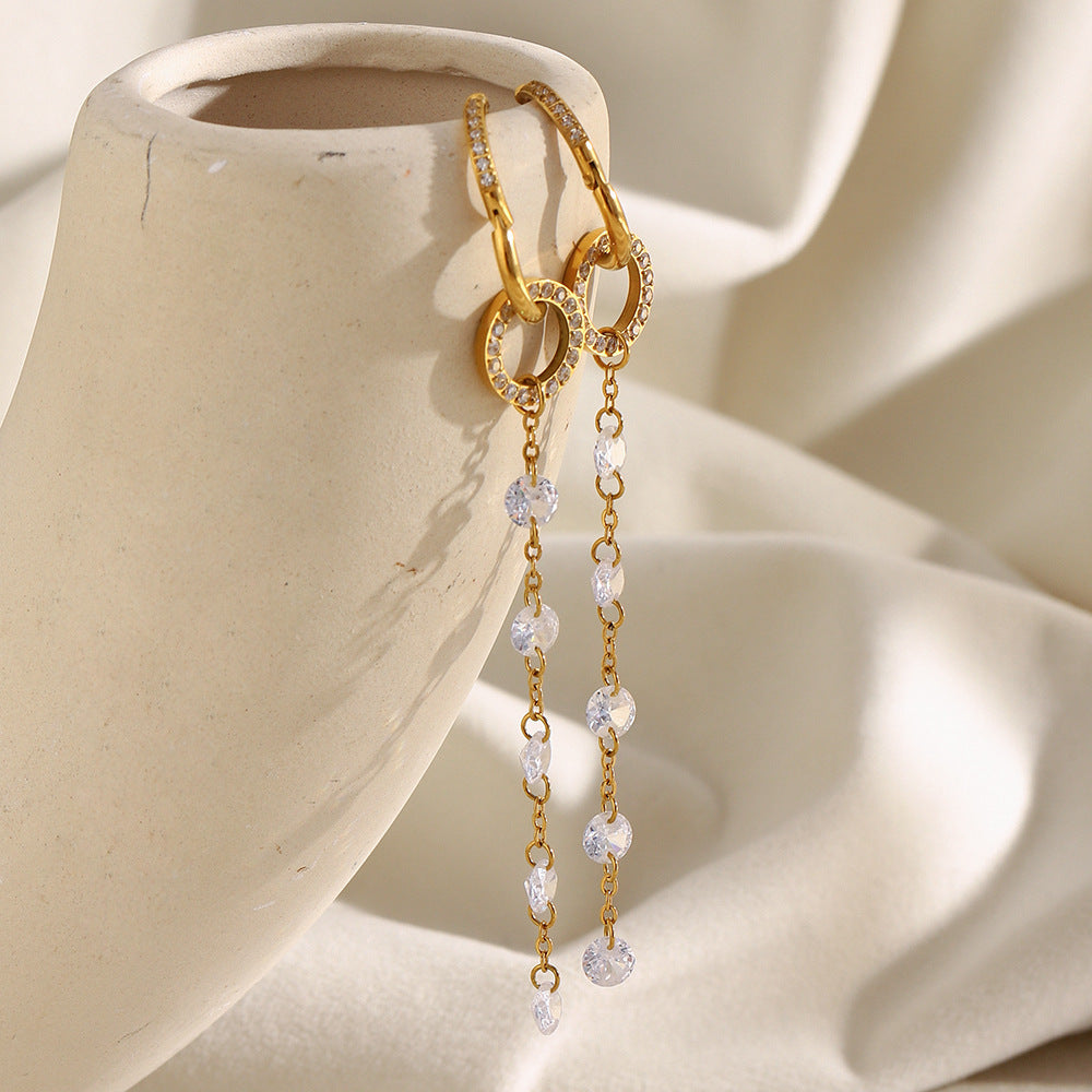 Minimalist Geometric Stainless Steel Earrings with 18K Gold Plating and Zircon Long Fringe for Women