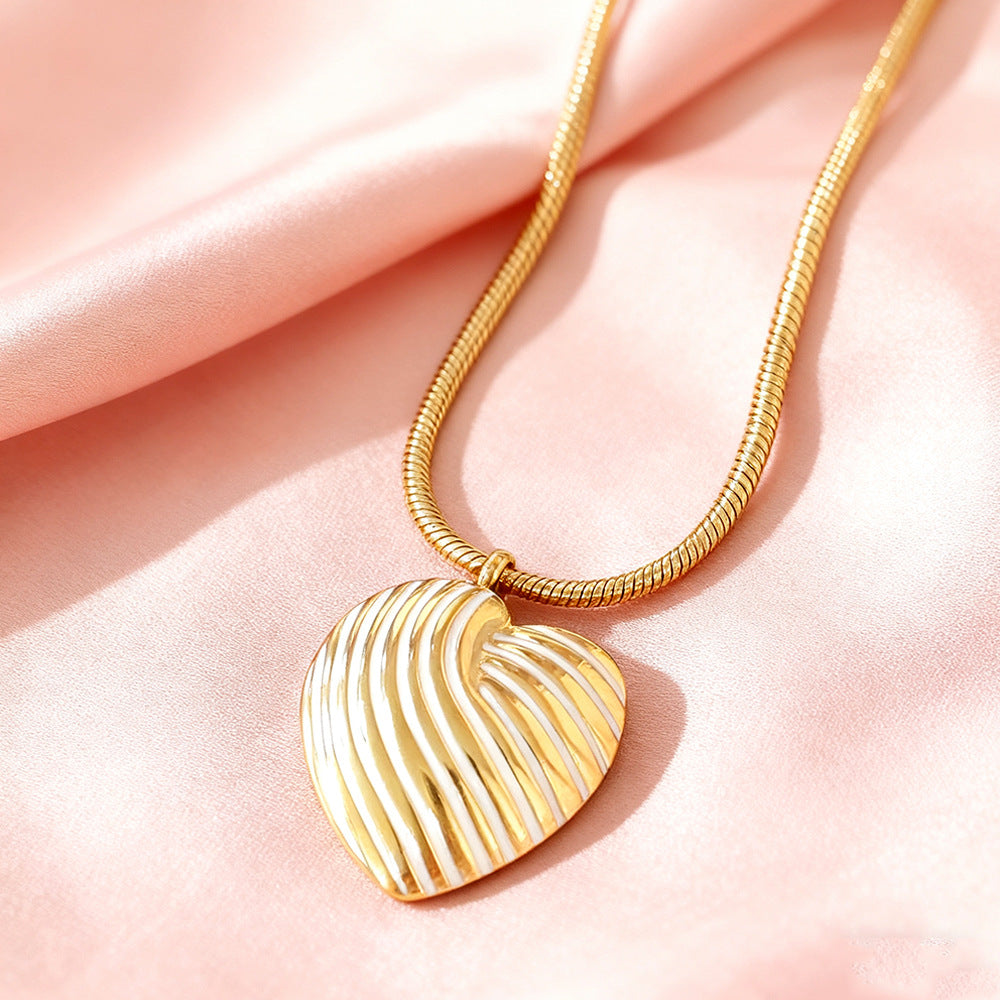 Casual Striped Heart Drip Oil Plated Stainless Steel Necklace for Women