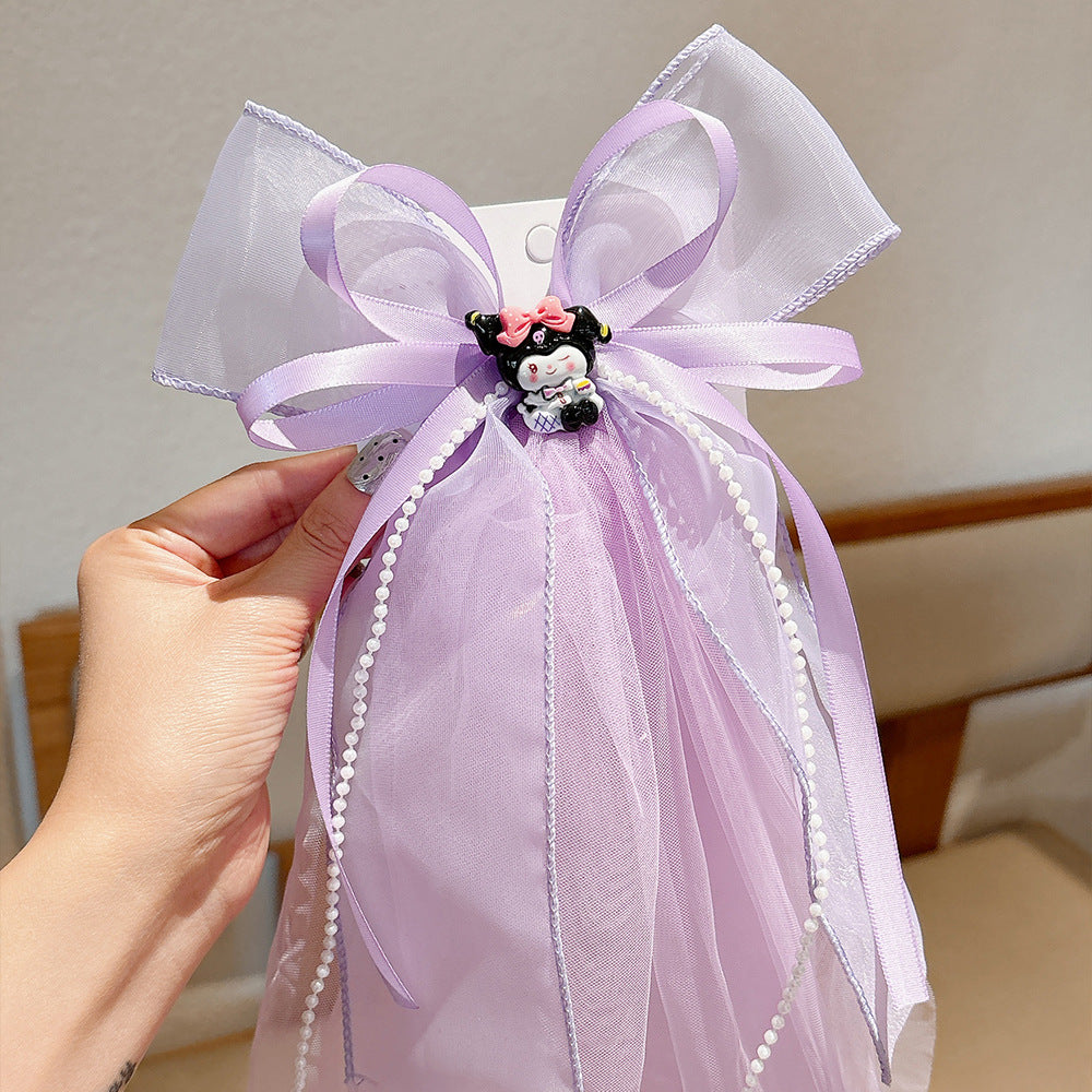 Fermaglio per capelli in tulle con fiocco in stile cartone animato per ragazze con design del personaggio Kuromi, accessorio per capelli per bambini a tema principessa con nastro e bordo in pizzo